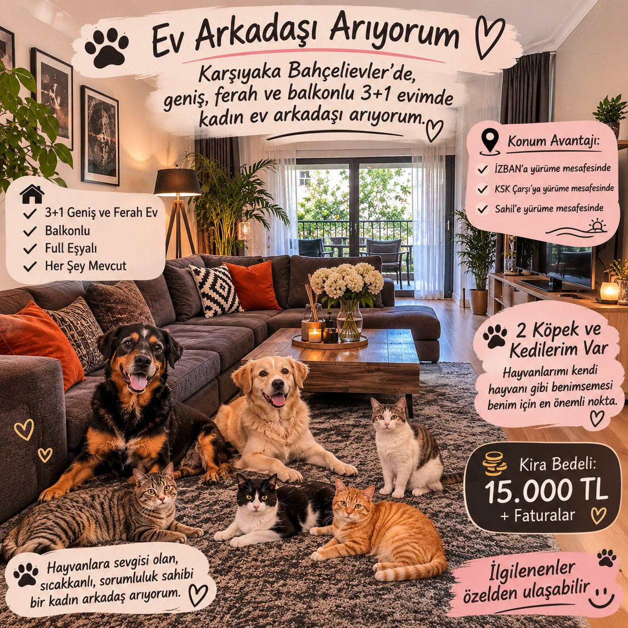 Karşıyaka kiralık oda – HAYVANSEVER KADIN EV ARKADAŞI ARIYORUM. SAHİL, ÇARŞI,İZBAN YÜRÜME MESAFESİNDE.